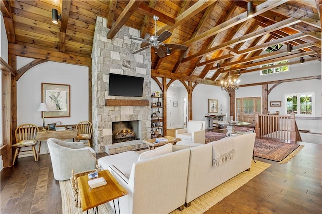 251 Settlement Blvd, Sunset, SC 29685 - living area with wooden ceiling with exposed beams, wood-type flooring, a ceiling fan, a fireplace, and high vaulted ceiling