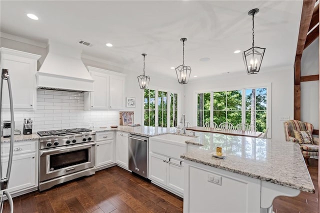 251 Settlement Blvd, Sunset, SC 29685 - kitchen featuring stainless steel appliances, premium range hood, a sink, decorative backsplash, and a peninsula