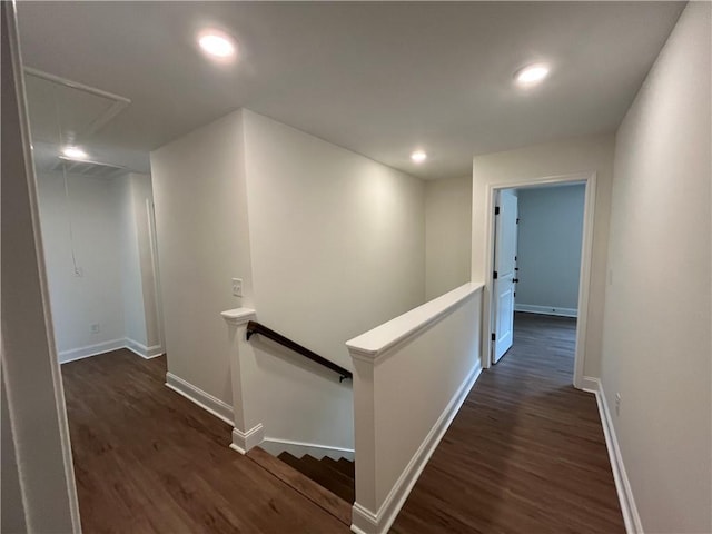 116 Fern Cir, Clemson, SC 29631 - hall featuring an upstairs landing, attic access, dark wood finished floors, baseboards, and recessed lighting