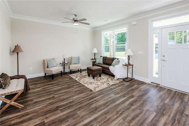 106 N St, Belton, SC 29627 - living area featuring wood finished floors, baseboards, ornamental molding, and ceiling fan