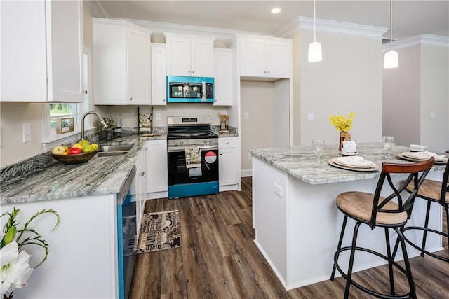 106 N St, Belton, SC 29627 - kitchen with stainless steel appliances, a sink, white cabinetry, dark wood-style flooring, and light stone countertops