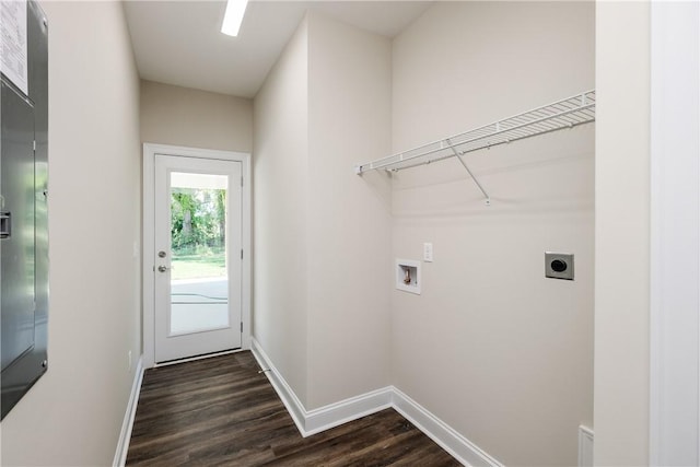 106 N St, Belton, SC 29627 - washroom featuring hookup for an electric dryer, washer hookup, dark wood-type flooring, and baseboards