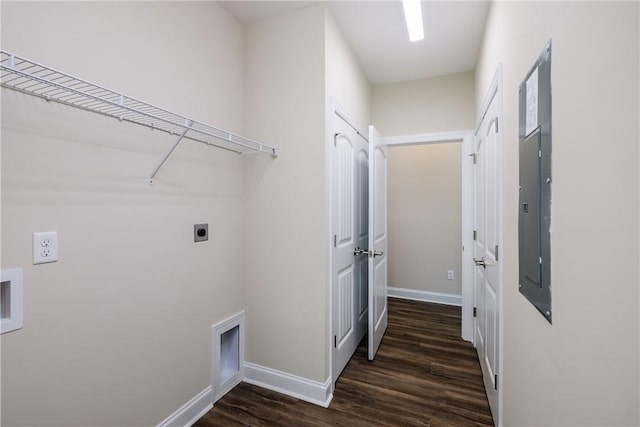 106 N St, Belton, SC 29627 - laundry room with electric dryer hookup, dark wood finished floors, baseboards, and electric panel