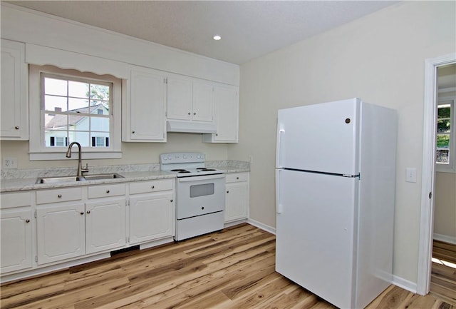 208 Aiken St, Central, SC 29630 - kitchen featuring white appliances, a sink, white cabinetry, light wood-style floors, and recessed lighting