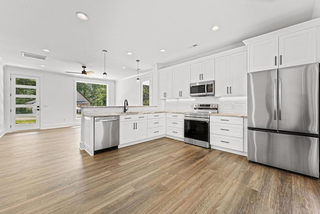 100 Plum Ct, Westminster, SC 29693 - kitchen with stainless steel appliances, wood finished floors, white cabinetry, a peninsula, and recessed lighting