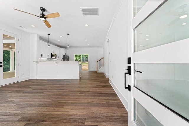 100 Plum Ct, Westminster, SC 29693 - unfurnished living room featuring ceiling fan, dark wood-type flooring, recessed lighting, baseboards, and stairway