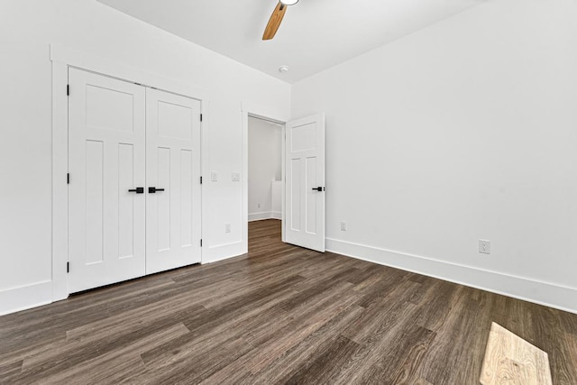 100 Plum Ct, Westminster, SC 29693 - unfurnished bedroom featuring dark wood-type flooring, a closet, baseboards, and a ceiling fan