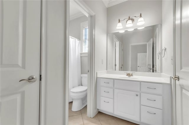 206 Waverly Hall Ln, Simpsonville, SC 29681 - full bathroom with vanity, tile patterned flooring, toilet, crown molding, and a shower with curtain