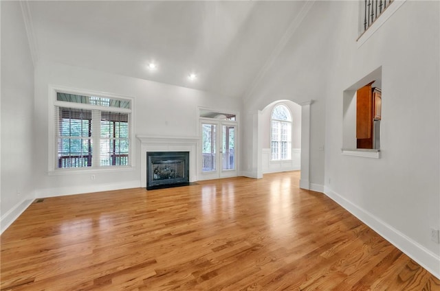 206 Waverly Hall Ln, Simpsonville, SC 29681 - unfurnished living room featuring a fireplace with flush hearth, baseboards, light wood-style floors, crown molding, and high vaulted ceiling