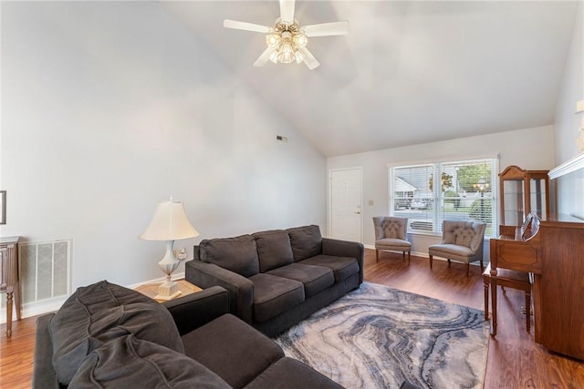 104 Brittania Cir, Anderson, SC 29621 - living room with high vaulted ceiling, ceiling fan, wood finished floors, and baseboards