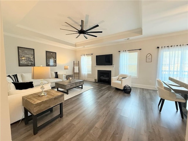 479 Twin View Dr, Westminster, SC 29693 - living room with a raised ceiling, ornamental molding, wood finished floors, ceiling fan, and baseboards