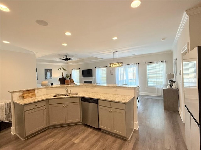 479 Twin View Dr, Westminster, SC 29693 - kitchen featuring stainless steel dishwasher, a sink, crown molding, wood finished floors, and open floor plan