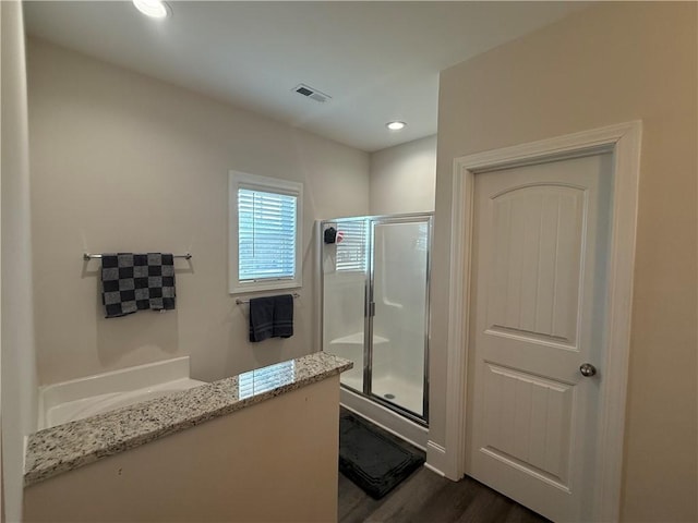 479 Twin View Dr, Westminster, SC 29693 - full bathroom featuring a stall shower, wood finished floors, recessed lighting, and vanity