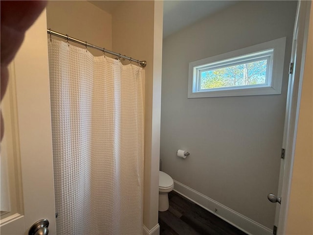 479 Twin View Dr, Westminster, SC 29693 - bathroom featuring toilet, wood finished floors, curtained shower, and baseboards