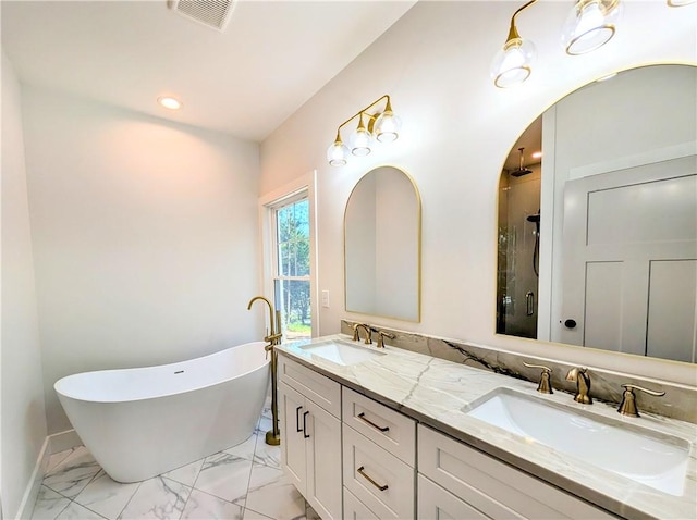 36 Pine Garden Way Dr, Salem, SC 29676 - full bath with a shower stall, double vanity, a freestanding bath, and marble look tiles