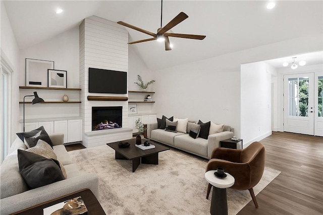 36 Pine Garden Way Dr, Salem, SC 29676 - living area featuring a ceiling fan, wood finished floors, high vaulted ceiling, a fireplace, and recessed lighting