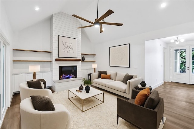 36 Pine Garden Way Dr, Salem, SC 29676 - living room with wood finished floors, high vaulted ceiling, a ceiling fan, recessed lighting, and a fireplace