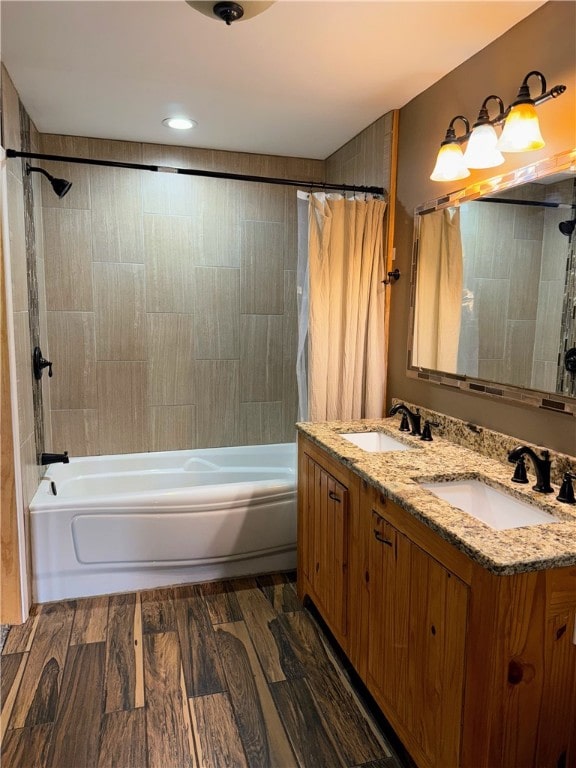 5265 Slater Rd, Anderson, SC 29621 - bathroom with shower / bath combination with curtain, double vanity, and wood finished floors
