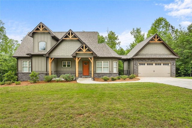 1104 Little River View Dr, Seneca, SC 29672 - craftsman house featuring stone siding, board and batten siding, concrete driveway, a front yard, and a garage