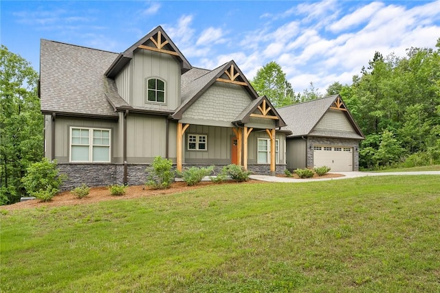 1104 Little River View Dr, Seneca, SC 29672 - craftsman-style home featuring board and batten siding, an attached garage, a front yard, stone siding, and concrete driveway