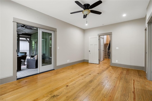 1104 Little River View Dr, Seneca, SC 29672 - unfurnished bedroom with access to exterior, light wood-style flooring, baseboards, a ceiling fan, and recessed lighting