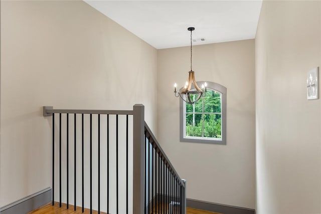 1104 Little River View Dr, Seneca, SC 29672 - stairs featuring a chandelier and wood finished floors