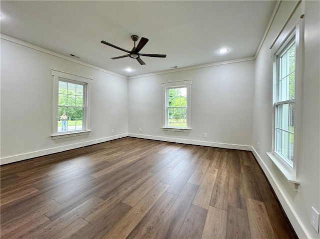 800 Holiday Dam Rd, Honea Path, SC 29654 - empty room with crown molding, plenty of natural light, a ceiling fan, dark wood-style flooring, and baseboards