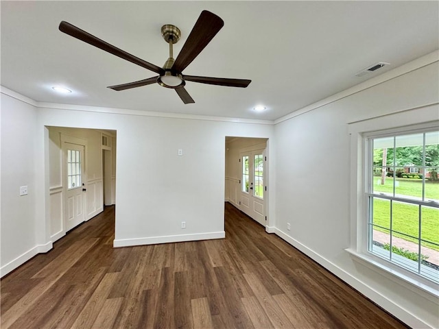 800 Holiday Dam Rd, Honea Path, SC 29654 - unfurnished room featuring ornamental molding, baseboards, dark wood finished floors, a ceiling fan, and recessed lighting