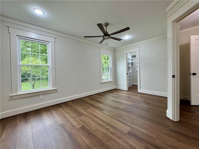 800 Holiday Dam Rd, Honea Path, SC 29654 - unfurnished bedroom featuring baseboards, wood finished floors, ornamental molding, recessed lighting, and a ceiling fan