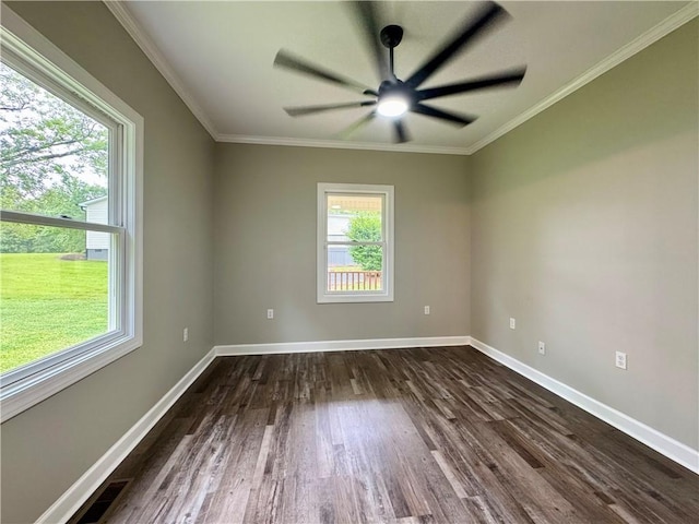 800 Holiday Dam Rd, Honea Path, SC 29654 - spare room featuring plenty of natural light, dark wood-style flooring, a ceiling fan, ornamental molding, and baseboards