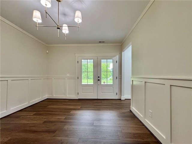 800 Holiday Dam Rd, Honea Path, SC 29654 - doorway to outside with a decorative wall, ornamental molding, dark wood-style flooring, a chandelier, and wainscoting