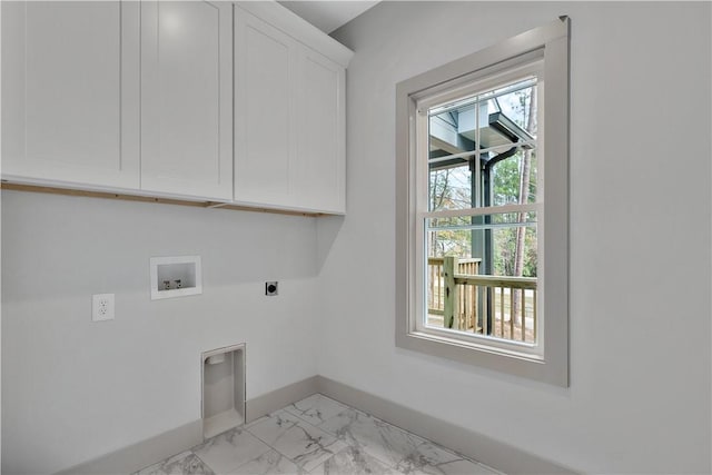 40 Pine Garden Way Dr, Salem, SC 29676 - laundry room featuring electric dryer hookup, baseboards, cabinet space, hookup for a washing machine, and light marble finish flooring