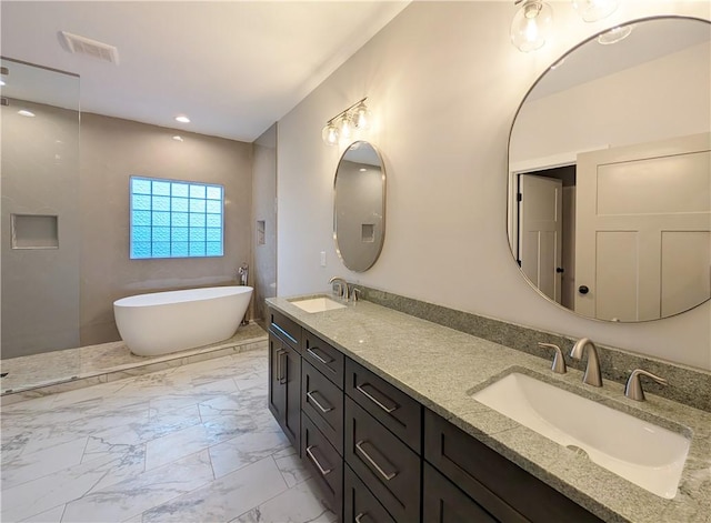40 Pine Garden Way Dr, Salem, SC 29676 - full bath with marble finish floors, double vanity, a freestanding bath, and recessed lighting