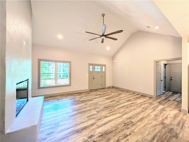 40 Pine Garden Way Dr, Salem, SC 29676 - unfurnished living room featuring a ceiling fan, wood finished floors, baseboards, high vaulted ceiling, and recessed lighting
