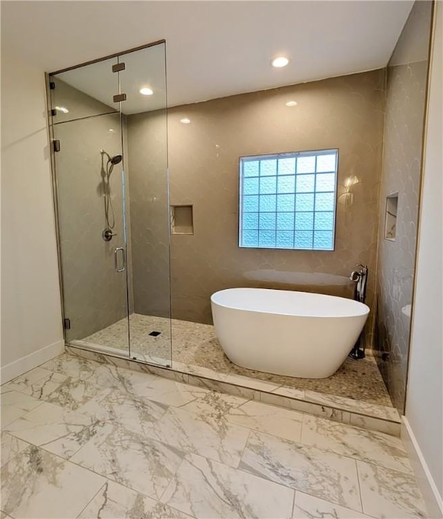 40 Pine Garden Way Dr, Salem, SC 29676 - full bathroom with a shower stall, a freestanding tub, baseboards, marble look tile flooring, and recessed lighting
