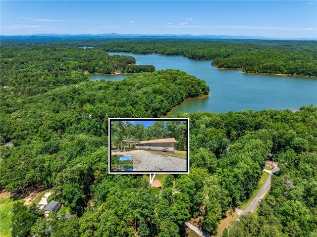 131 Shoreside Dr, Martin, GA 30557 - aerial overview of property's location with a heavily wooded area, a large body of water, and property parcel outlined
