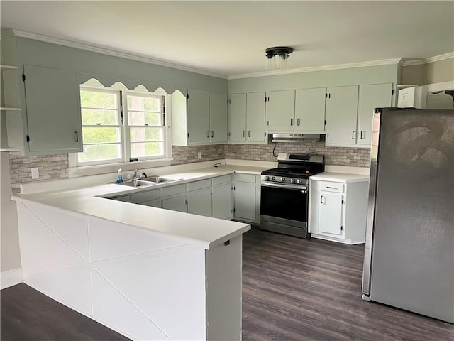 701 W Greer St, Honea Path, SC 29654 - kitchen featuring appliances with stainless steel finishes, under cabinet range hood, crown molding, a peninsula, and dark wood finished floors