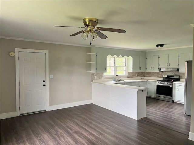 701 W Greer St, Honea Path, SC 29654 - kitchen with stainless steel appliances, a peninsula, crown molding, dark wood-style flooring, and under cabinet range hood