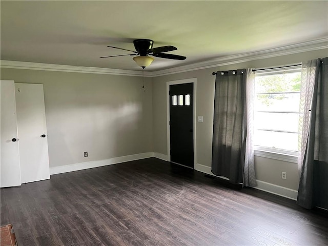 701 W Greer St, Honea Path, SC 29654 - foyer entrance featuring dark wood finished floors, a ceiling fan, crown molding, and baseboards
