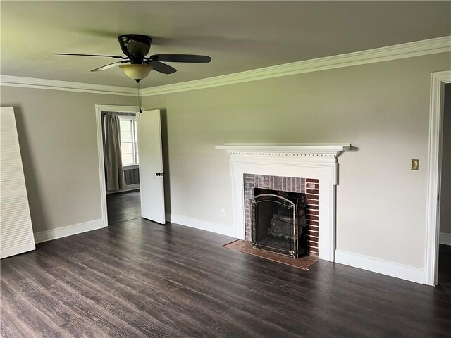 701 W Greer St, Honea Path, SC 29654 - unfurnished living room with baseboards, wood finished floors, ceiling fan, crown molding, and a fireplace