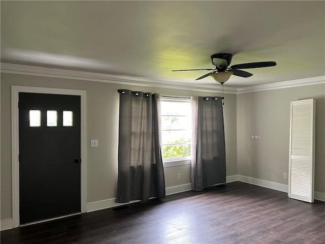 701 W Greer St, Honea Path, SC 29654 - entrance foyer with a ceiling fan, baseboards, crown molding, and dark wood-style flooring