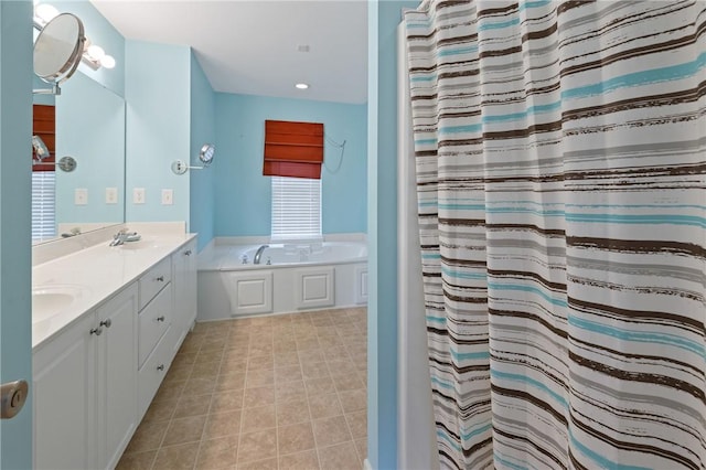 1014 Stoneham Cir, Anderson, SC 29626 - full bath featuring a garden tub, double vanity, tile patterned floors, recessed lighting, and curtained shower