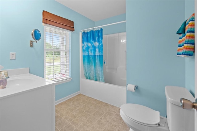 1014 Stoneham Cir, Anderson, SC 29626 - bathroom featuring toilet, vanity, shower / tub combo with curtain, and baseboards
