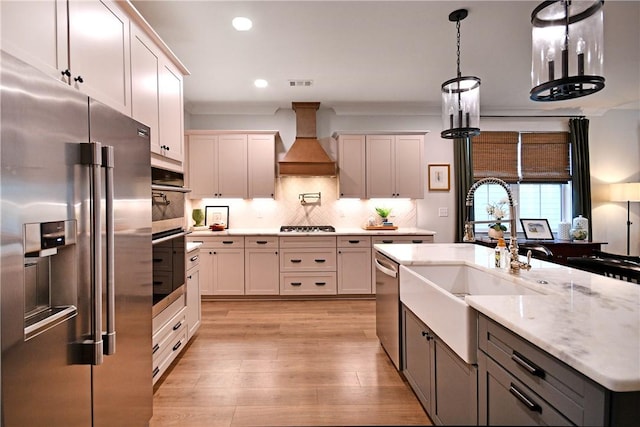 317 Encampment Blvd, Simpsonville, SC 29681 - kitchen with appliances with stainless steel finishes, custom exhaust hood, recessed lighting, a sink, and decorative backsplash