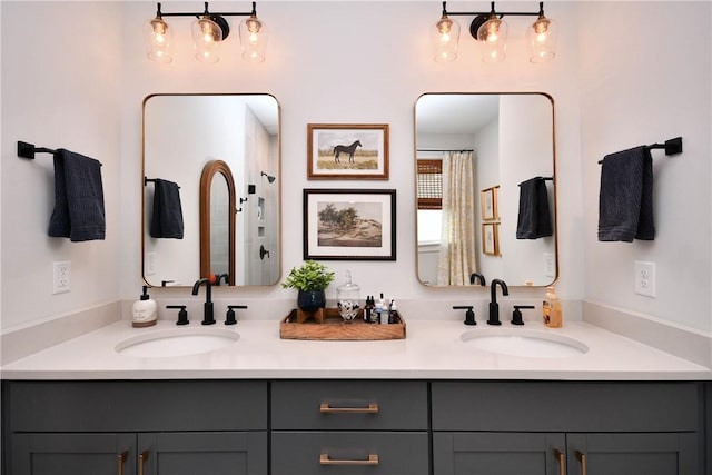 317 Encampment Blvd, Simpsonville, SC 29681 - bathroom featuring double vanity and a shower with shower curtain