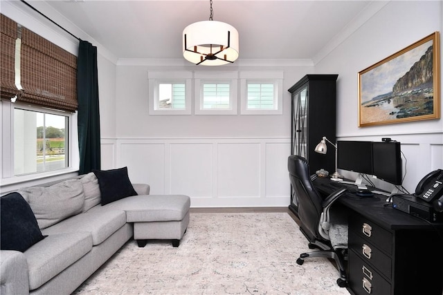 317 Encampment Blvd, Simpsonville, SC 29681 - home office with ornamental molding, healthy amount of natural light, a wainscoted wall, a decorative wall, and wood finished floors
