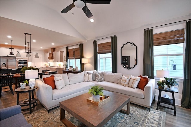 317 Encampment Blvd, Simpsonville, SC 29681 - living room with plenty of natural light, lofted ceiling, wood finished floors, a ceiling fan, and recessed lighting
