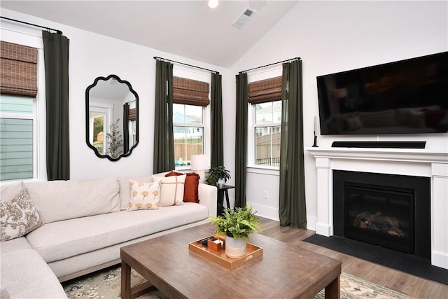 317 Encampment Blvd, Simpsonville, SC 29681 - living room with wood finished floors, vaulted ceiling, a fireplace with flush hearth, and baseboards