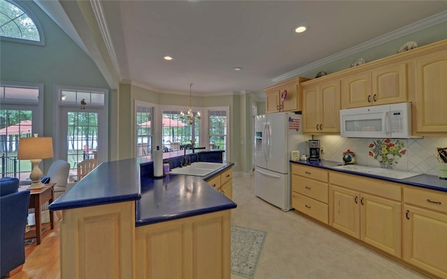 138 Grandview Ct, Hartwell, GA 30643 - kitchen with white appliances, a sink, light brown cabinets, a chandelier, and dark countertops