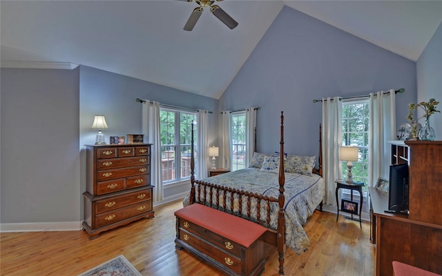 138 Grandview Ct, Hartwell, GA 30643 - bedroom with high vaulted ceiling, light wood-type flooring, baseboards, and a ceiling fan